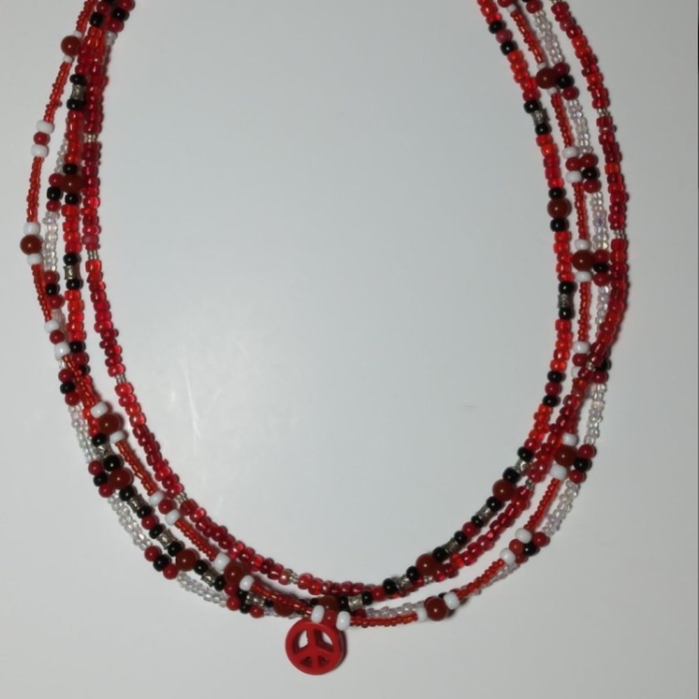 Red Peace Beads 4 Strand Necklace